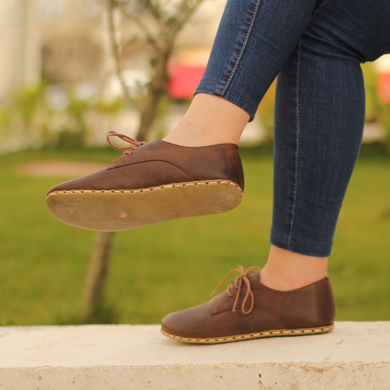 El Yapımı Barefoot Yalınayak Kadın Deri Bağcıklı Model, Klasik Kahverengi - Görsel 2