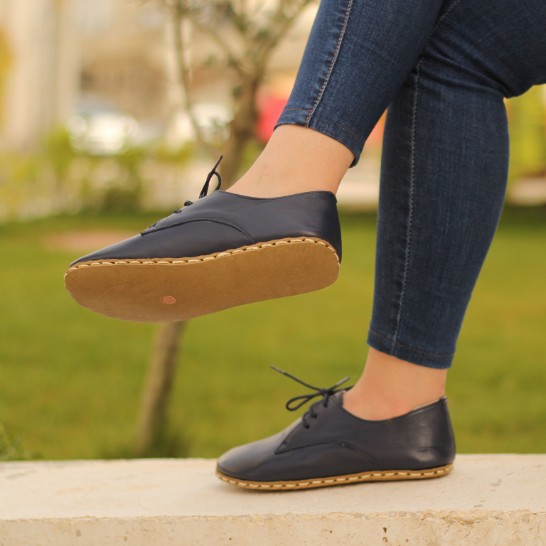 El Yapımı Barefoot Yalınayak Kadın Deri Bağcıklı Model, Lacivert - Görsel 2