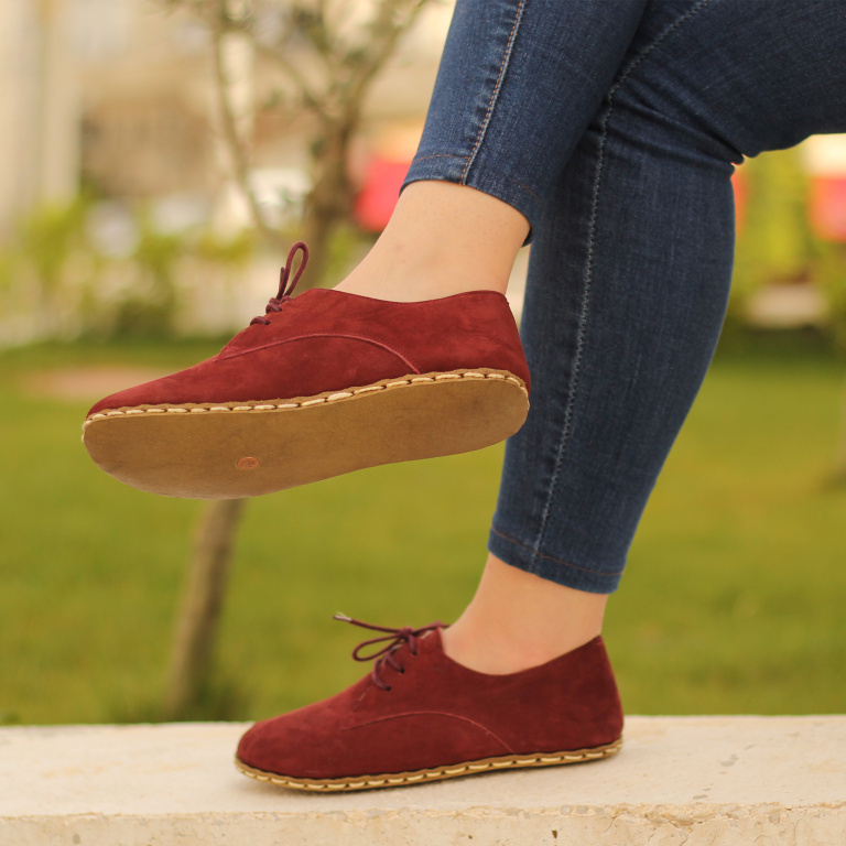 El Yapımı Barefoot Yalınayak Kadın Deri Bağcıklı Model, Bordo Nubuk - Görsel 2