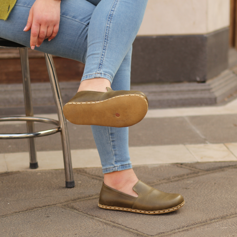 El Yapımı Barefoot Yalınayak Kadın Deri Taylan Model, Zeytin Yeşili - Görsel 3