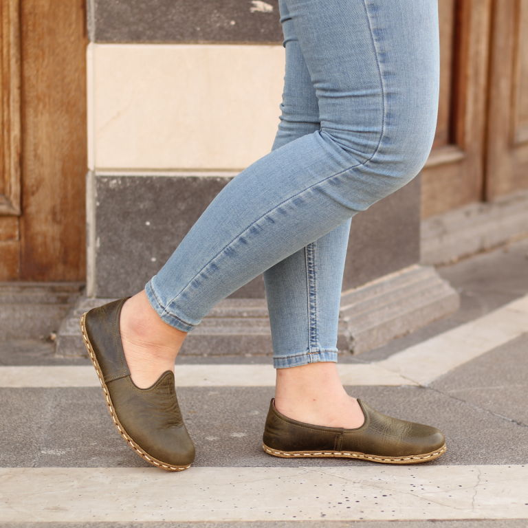 El Yapımı Barefoot Yalınayak Kadın Deri Klasik Model, Zeytin Yeşili - Görsel 3