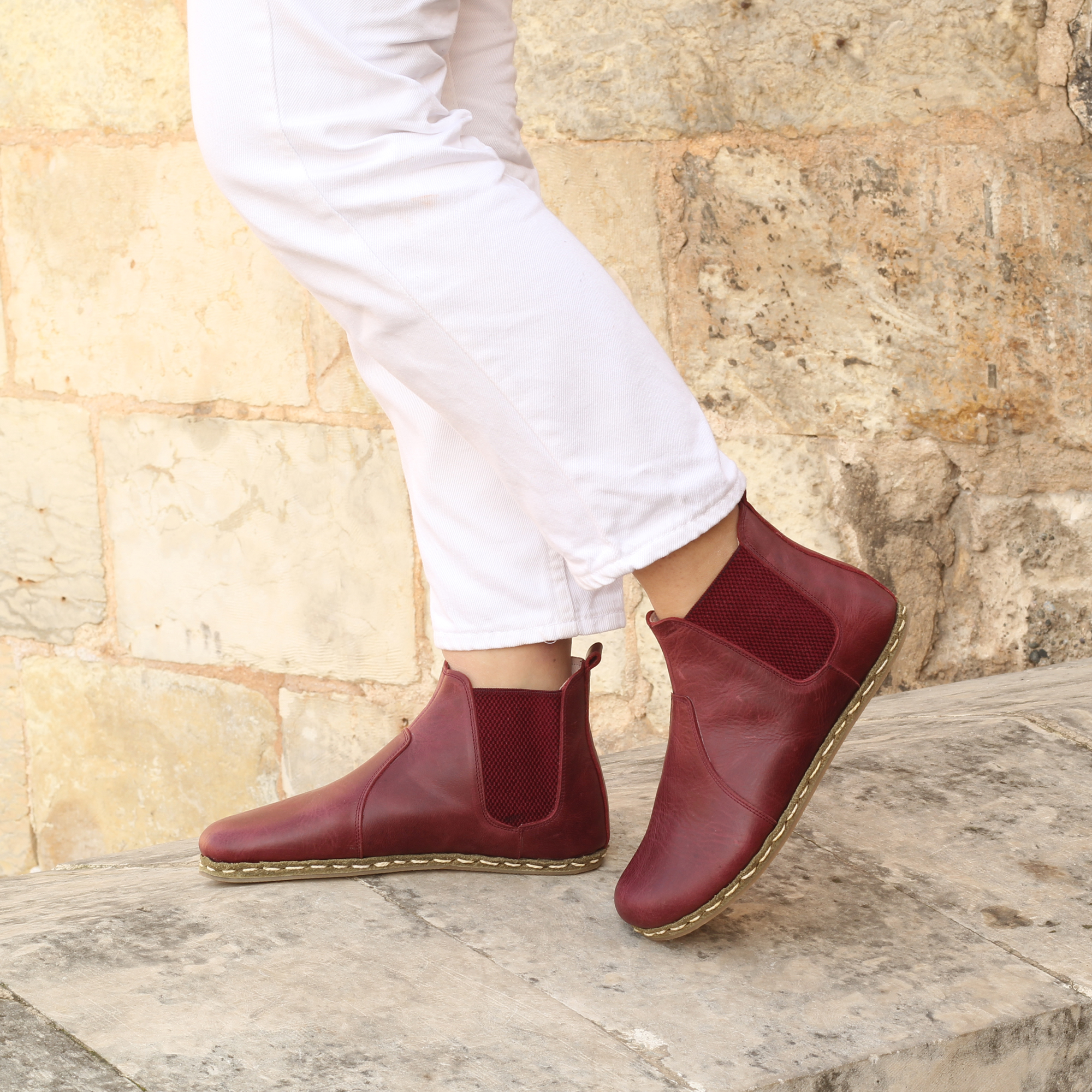 7 El Yapımı Barefoot Yalınayak Kadın Deri Chelsea Bot, Bordo - Görsel 1