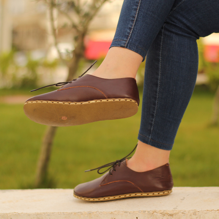 El Yapımı Barefoot Yalınayak Kadın Deri Bağcıklı Model, Fındık Kahve - Görsel 2