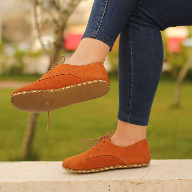 El Yapımı Barefoot Yalınayak Kadın Deri Bağcıklı Model, Hardal Nubuk - Görsel 2