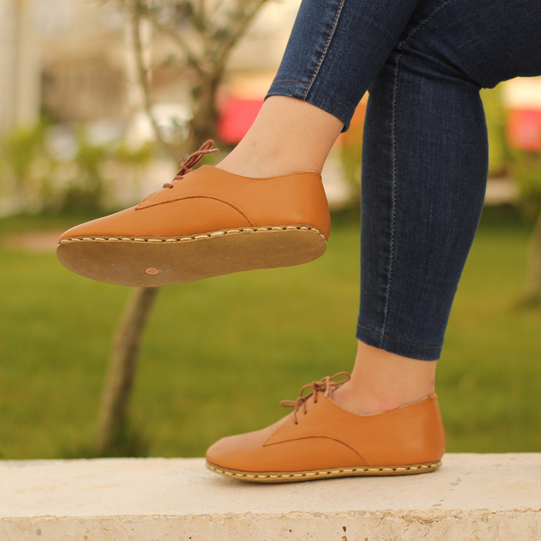 El Yapımı Barefoot Yalınayak Kadın Deri Bağcıklı Model, Hardal Rengi - Görsel 2