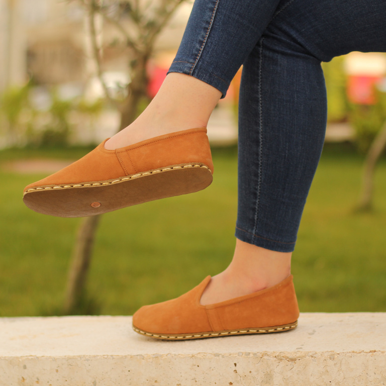 El Yapımı Barefoot Yalınayak Kadın Deri Klasik Model, Hardal Nubuk - Görsel 2