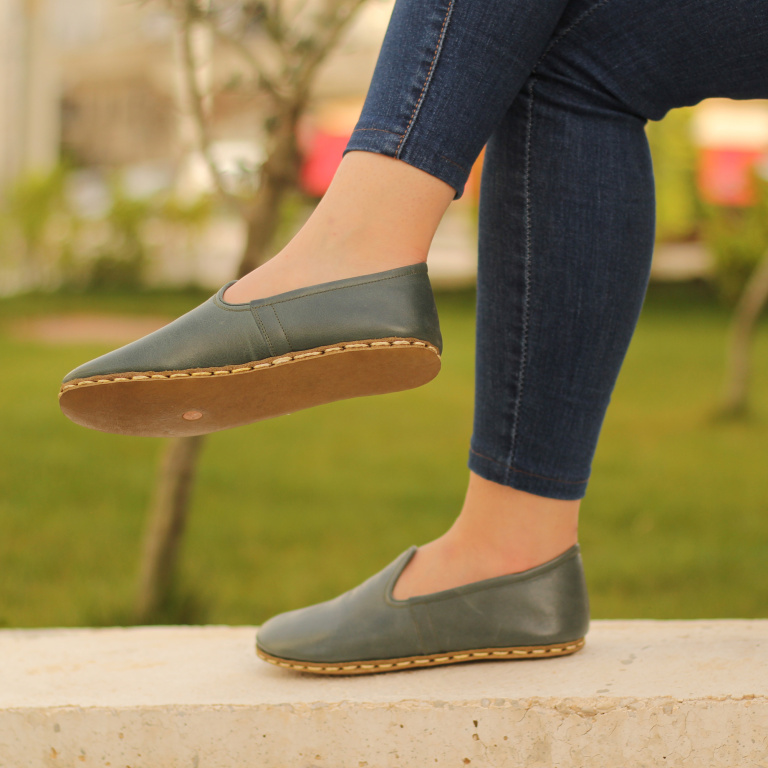 El Yapımı Barefoot Yalınayak Kadın Deri Klasik Model, Petrol Yeşili - Görsel 2