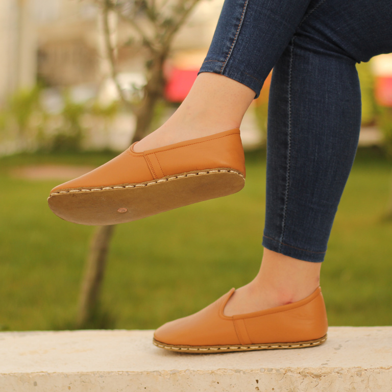 El Yapımı Barefoot Yalınayak Kadın Deri Klasik Model, Hardal Rengi - Görsel 2