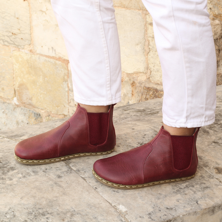 El Yapımı Barefoot Yalınayak Kadın Deri Chelsea Bot, Bordo - Görsel 4