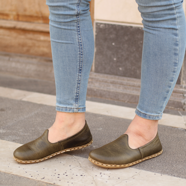El Yapımı Barefoot Yalınayak Kadın Deri Klasik Model, Zeytin Yeşili - Görsel 4