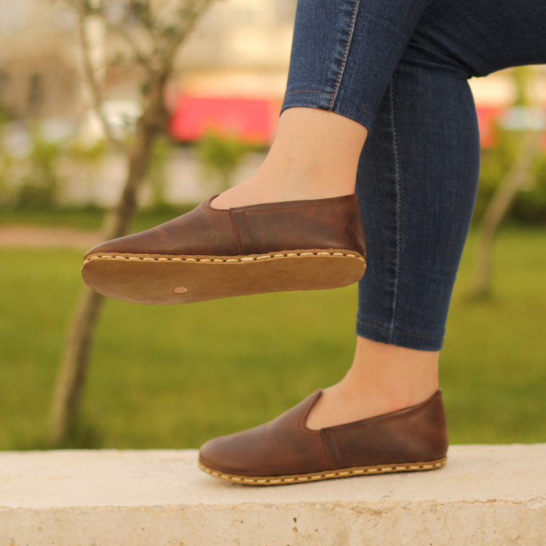 El Yapımı Barefoot Yalınayak Kadın Deri Klasik Model, Klasik Kahverengi - Görsel 2