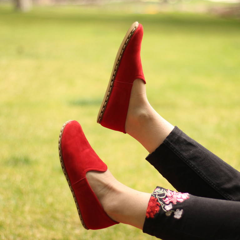 El Yapımı Barefoot Yalınayak Kadın Deri Klasik Model, Kırmızı Nubuk - Görsel 4