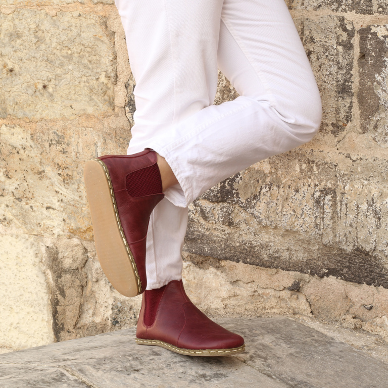 El Yapımı Barefoot Yalınayak Kadın Deri Chelsea Bot, Bordo - Görsel 3