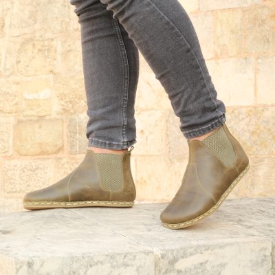 El Yapımı Barefoot Yalınayak Erkek Deri Parçalı Chealsa Bot, Zeytin Yeşili