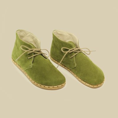 El Yapımı Barefoot Yalınayak Erkek Deri Parçalı Kısa Bot, Yeşil Nubuk