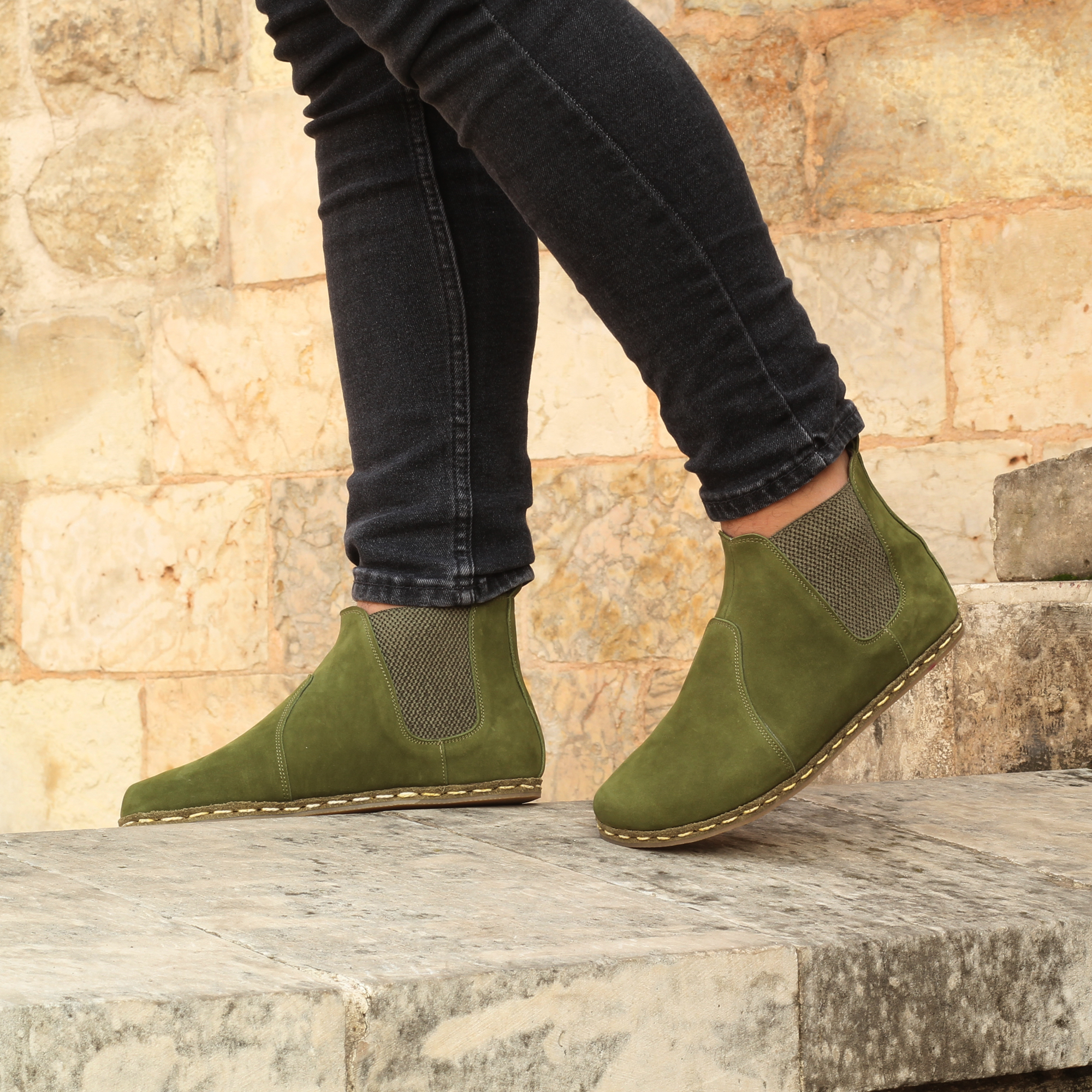6 El Yapımı Barefoot Yalınayak Erkek Deri Parçalı Chealsa Bot, Yeşil Nubuk - Görsel 1