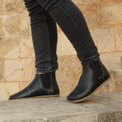 El Yapımı Barefoot Yalınayak Erkek Deri Parçalı Chealsa Bot, Siyah