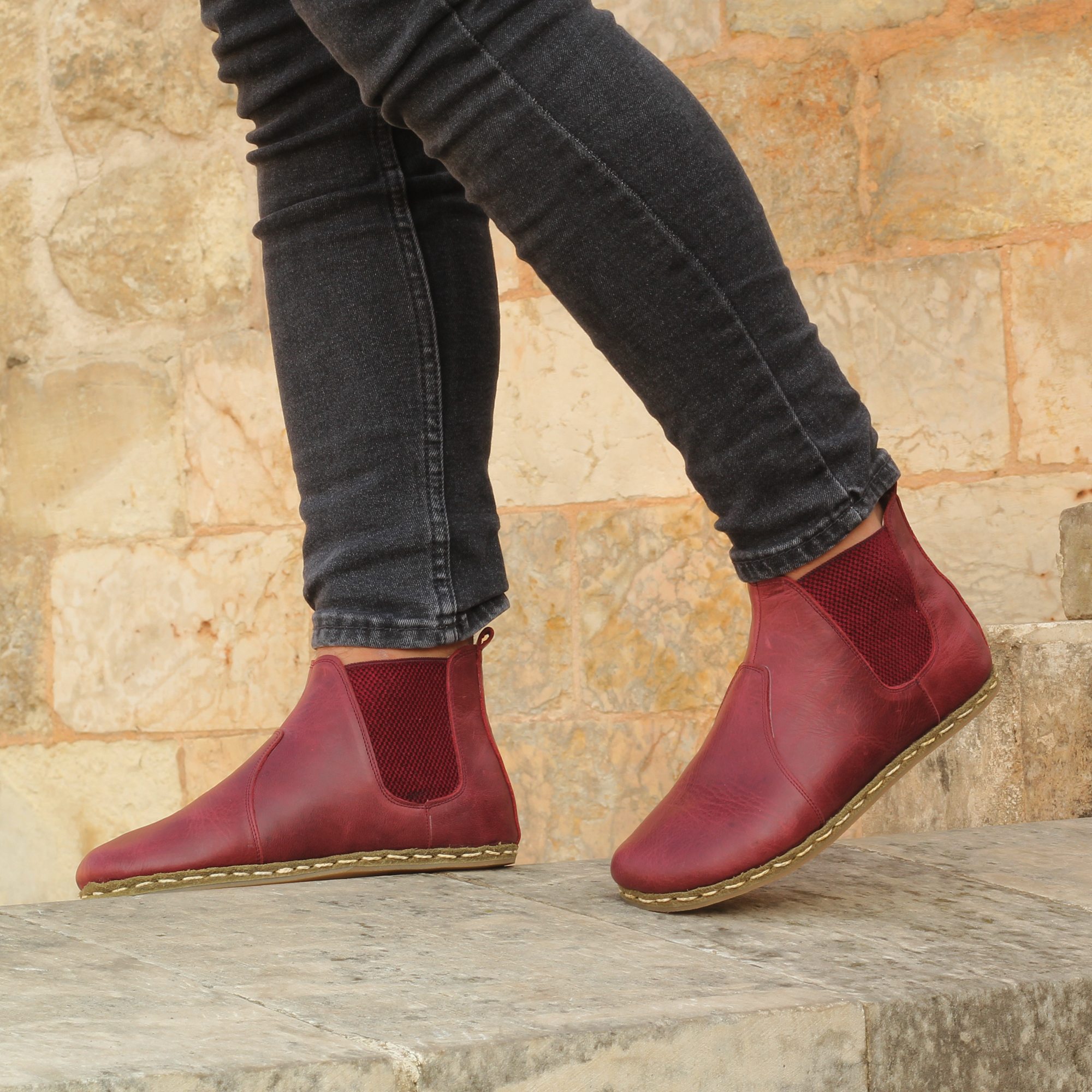 7 El Yapımı Barefoot Yalınayak Erkek Deri Parçalı Chealsa Bot, Bordo - Görsel 1